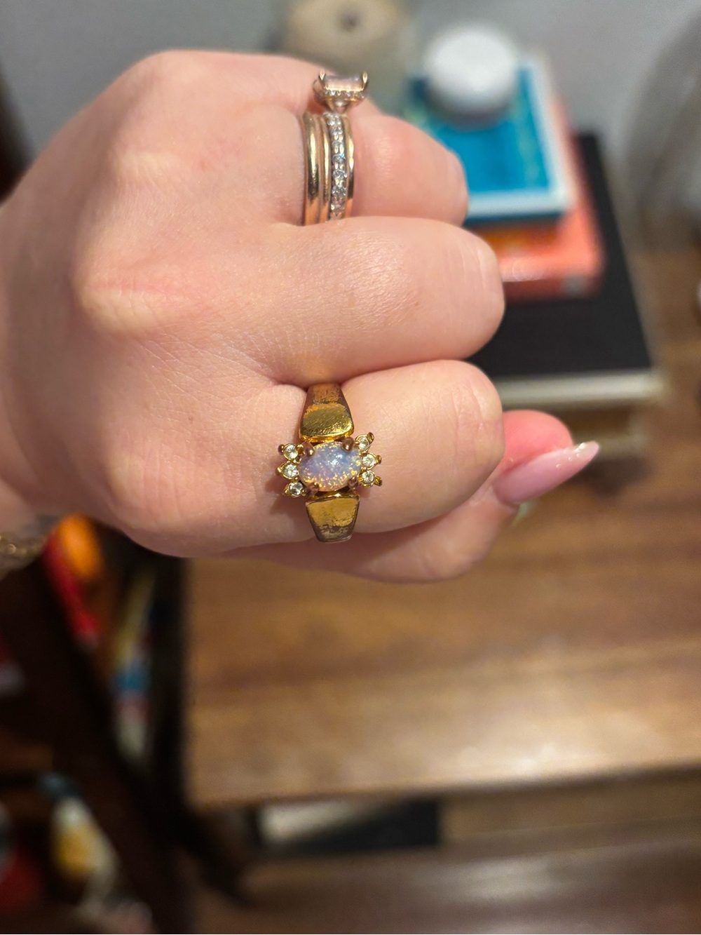 Vintage Fire Opalescent and Rhinestone Ring